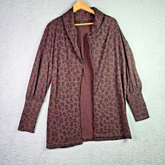 Ann Taylor Open Front Leopard Cardigan Large Brown Black Trendy Fall Workwear - Picture 12 of 14
